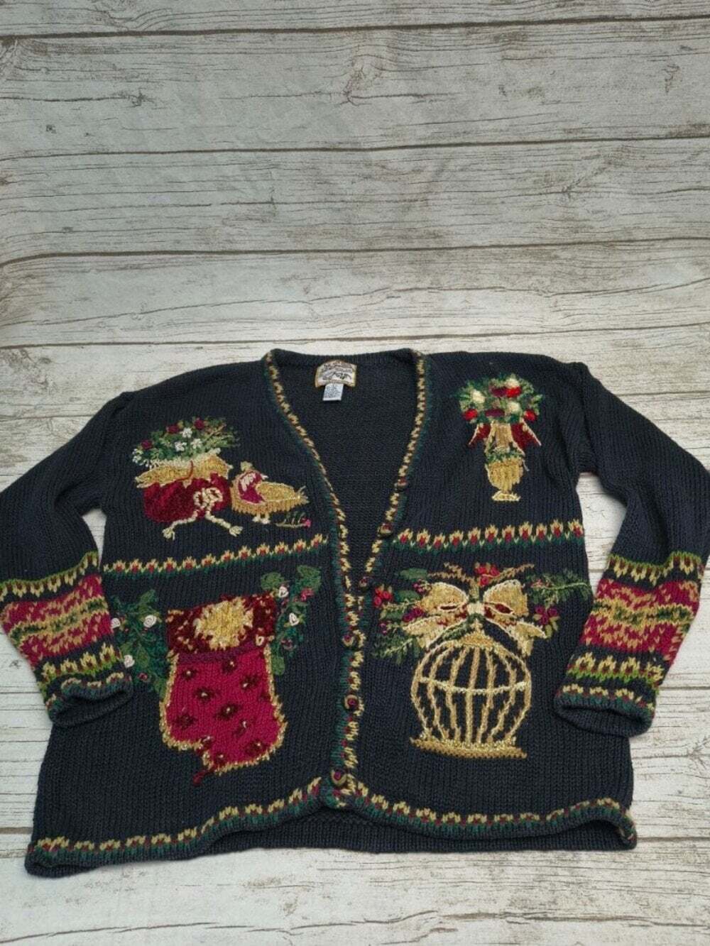 Heirloom Collectibles Embroidered Black Ramie Cotton Sweater Size Large